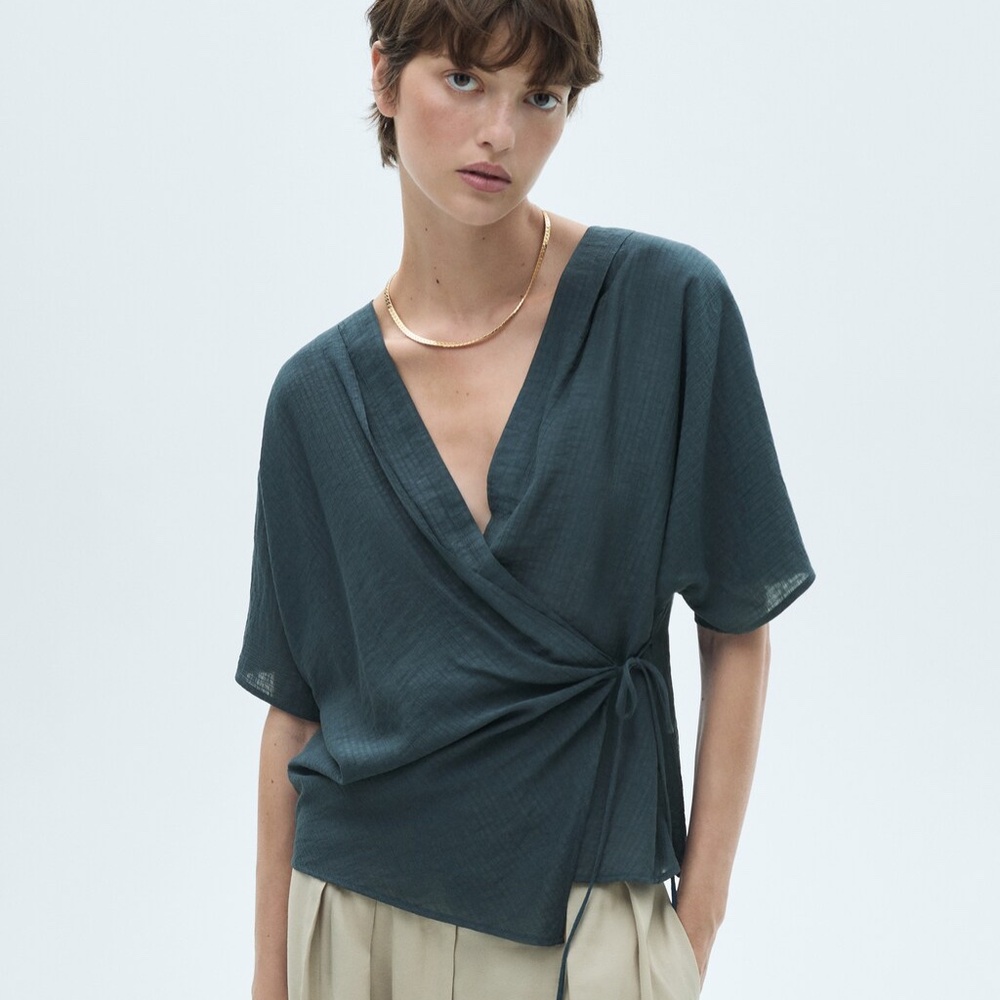 Mango Teal Crinkle Wrap Top Women's US 4 EUR S GUC